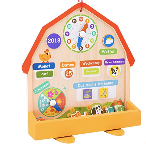 Bunte Holz Lernuhr / Lerntafel mit Kalender - Uhrzeit lernen und Zusätzlich das Wetter, Datum, Wochentage - Ideal für Kinder ab 4 Jahren oder Vorschule / Grundschule geeigent