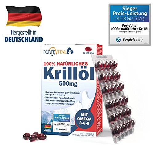NATÜRLICHES Krill Öl 500mg Premium mit Omega 3| Omega 6| Omega 9 | 60 Kapseln (Krillöl) mit 14 mg Astaxanthin pro 100g / hochdosiert von ForteVital