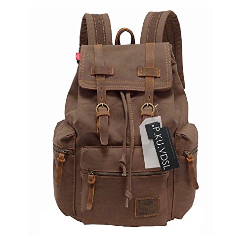 Canvas Rucksack P.KU.VDSL-AUGUR REIHE Vintage Rucksack Schulrucksack Retro Rucksack Daypack Backpack Lederrucksack Wanderrucksack Reisetasche Laptoprucksack für Herren Damen Jungen Mädchen (A - Kaffee)