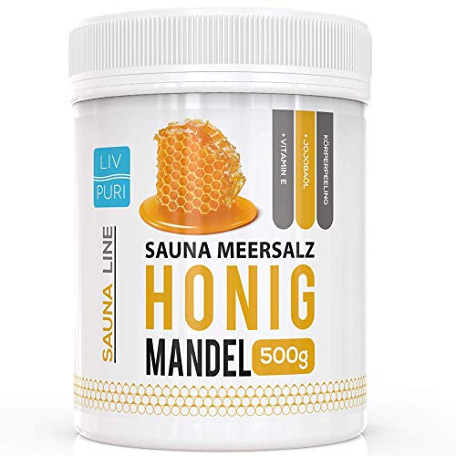 Sauna Meersalz Peeling Salz Saunasalz | Honig Mandel 500g | mit Jojobaöl | Kosmetik für die Haut | Ideale Wellness