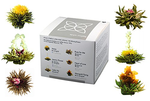 Feelino Edle 6er-Mischbox -Teeblumen 'white' in toller Probier- und Geschenkbox mit 6 verschiedenen Weißtee-Teerosen, einzeln vakuumverpackt, 1er Pack