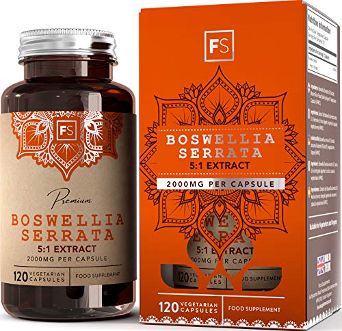 FS Weihrauch-Kapseln Hochdosiert | Boswellia serrata 5:1 Extrakt — 2000 mg pro Kapsel | 120 vegane Kapseln | Gegen Schmerzen & Entzündungen | Keine Zusatzstoffe — Ohne GVO, Gluten & Milch