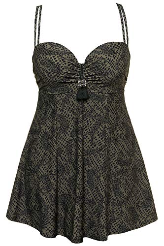 Ulla Popken Damen große Größen | Badekleid mit Leoparden-Muster | eingearbeiteter Badeanzug | Softcup-Büste | Zier-Dekor | Verstellbare Träger | bis Größe 64 | Multicolor 46 715848 90-46