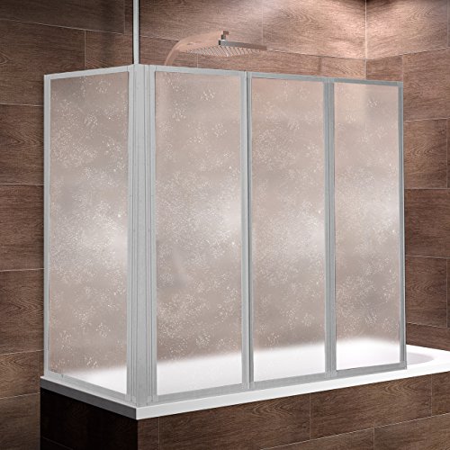 Schulte Duschwand Well mit Seitenwand, 129x140 x 75 cm, 3-teilig faltbar, Kunstglas Tropfen-Dekor, Profilfarbe alu-natur, Duschabtrennung für Badewanne