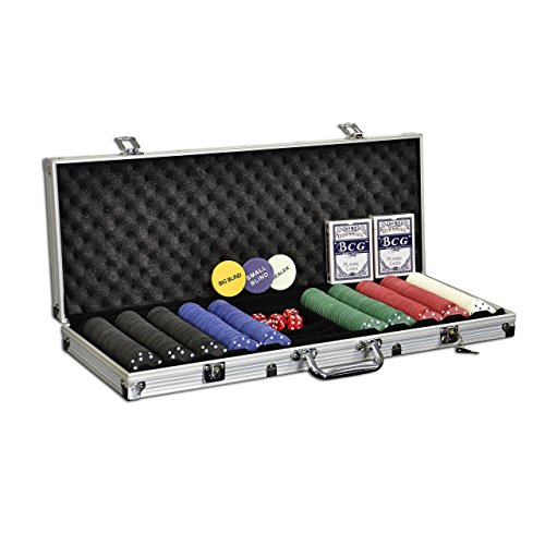 Pokerkoffer Poker-Set mit 500 Poker-Chips im Alu Koffer mit 2 Schlüssel Silber inkl. 2 Kartendecks 1 Dealer Button 5 Würfel
