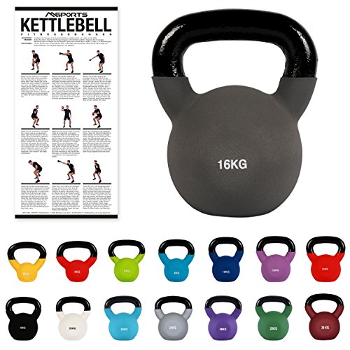 Kettlebell Neopren 2 – 30 kg inkl. Übungsposter (16 Kg - Anthrazit) Kugelhantel