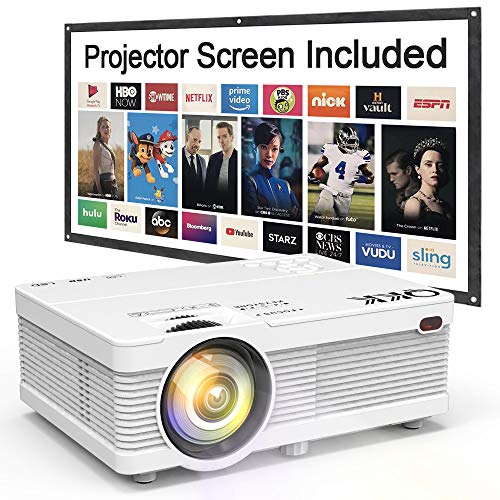 QKK Beamer, AK-81 Mini Projektor mit Screen, 3600 Lumen Videoprojektor, Unterstützt 1080P Full HD, Kompatibel mit TV Stick, PS4, HDMI, VGA, SD, AV und USB, Heimkino Projektor, Weiß.