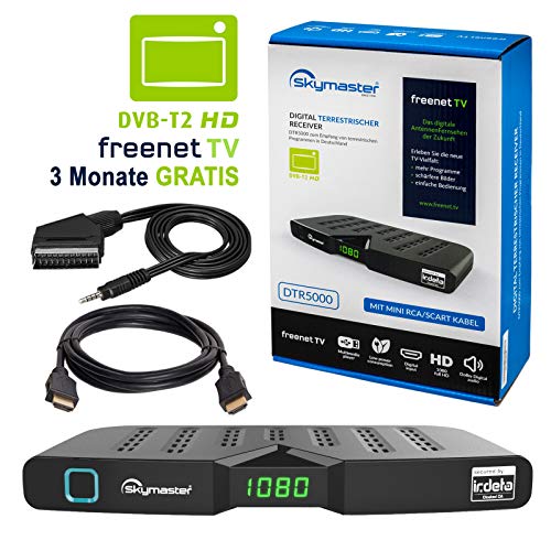 HB DIGITAL DVB-T/T2 SET: Skymaster DTR5000 DVB-T/T2 Receiver, kartenloses Irdeto-Zugangssystem für freenet TV + HDMI Kabel mit vergoldeten Anschlüssen (Full HD HEVC/H.265 HDTV HDMI USB DVB-T2)