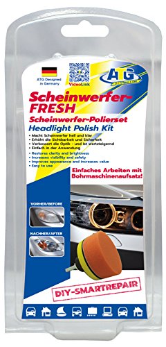 ATG Scheinwerfer-FRESH – Scheinwerfer-Polierset entfernt Schlieren und Kratzer aus Kunststoff-Scheinwerfern – 13-tlg. Scheinwerfer Aufbereitungs-Set – DIY Smart-Repair Auto Kunststoff-Pflege Kit - mit Bohrmaschinenaufsatz