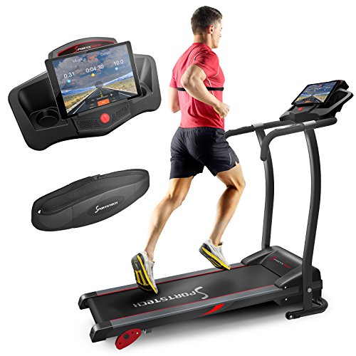 Sportstech F15 Laufband mit Smartphone App Steuerung, Bluetooth, 3 PS, 12 KM/H, 17 Programme und Tablethalterung – kompakt klappbar verstaubar, schwarz (F15)