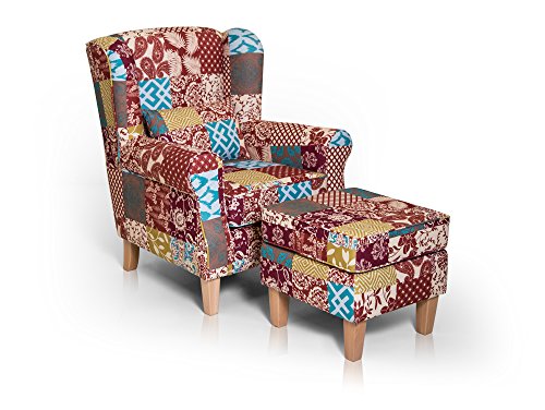 Willy Ohrensessel inkl. Hocker Wing-Chair Sessel Polstersessel Wohnzimmersessel Relaxsessel Sitzhocker Polsterhocker Fußhocker Fußablage /Patchwork