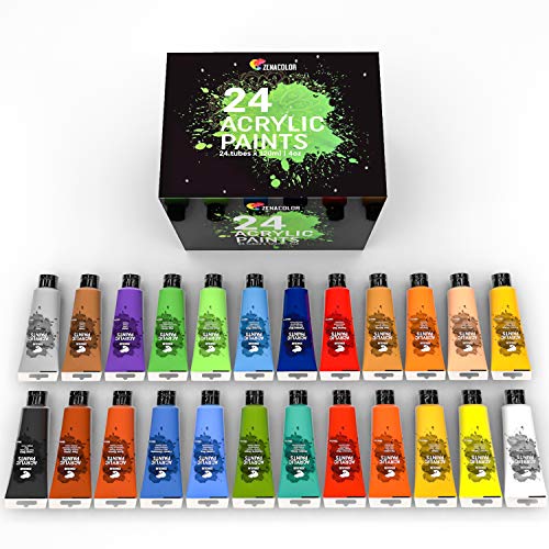 Zenacolor - Set mit 24 Acrylfarben - 24 Tuben à 120ml, 24 Farbtöne, Farbe für Holz, Leinwände, Bastler-/Künstlerbedarf, für Erwachsene und Kinder.