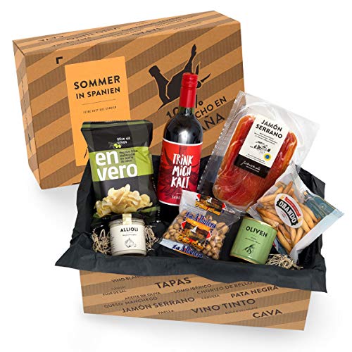 Präsentkorb SOMMER IN SPANIEN I Geschenkkorb gefüllt mit Sangria & spanischen Delikatessen I 7-teiliges Geschenkset ideal für Frauen & Männer