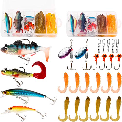 PLUSINNO 27-teilige Weiche Wurm Angelköder Weiche Gummiköder Lure Kunstköder Angeln Köder Kit