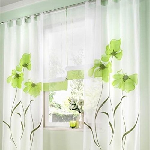 SIMPVALE 2 stücks Gardinenschal Gardine Print Blumen Vorhang für Wohnzimmer Schlafzimmer Schlaufenschal Breit 150cm (Hoehe 225cm, Grün)