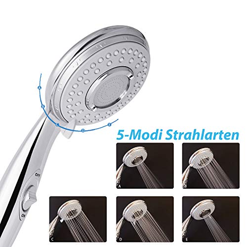 LEBEXY Duschkopf Druckerhöhend | Handbrause | Duschköpfe | Duschkopf Hochdruck Wassersparend mit An/Aus-Schalter, 5 verschiedenen Strahlarten Chrom-Duschkopf