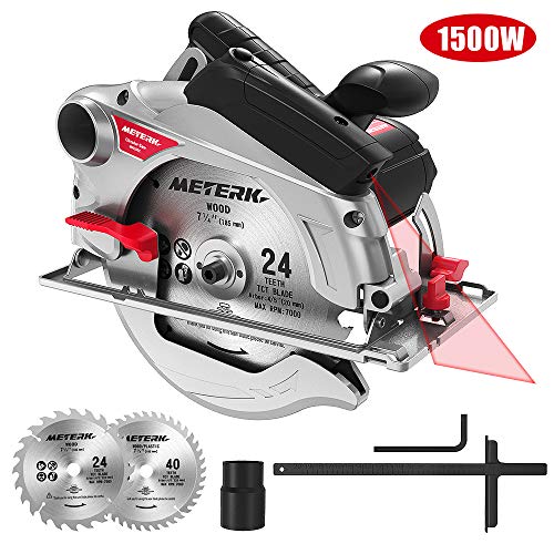 Kreissäge, Meterk Kreissäge (1500W 4700RPM), Schneiden von 65mm (90º), 45mm (45º), 2 Sägeblatt 24T+ 40T: 185 * 20 * 2mm, Laserführung, Doppelter Sicherheitsschalter, ideal für Holz, Kunststoff