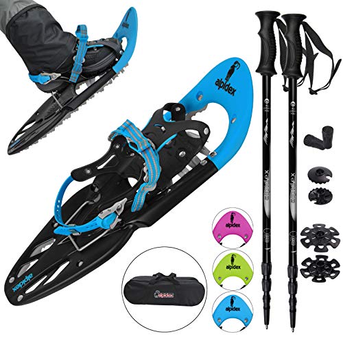 ALPIDEX Schneeschuhe 25 INCH für Schuhgröße 35-45, bis 130 kg, mit Double-Traction Bindung und inklusive Tragetasche - wahlweise mit oder ohne Stöcke erhältlich