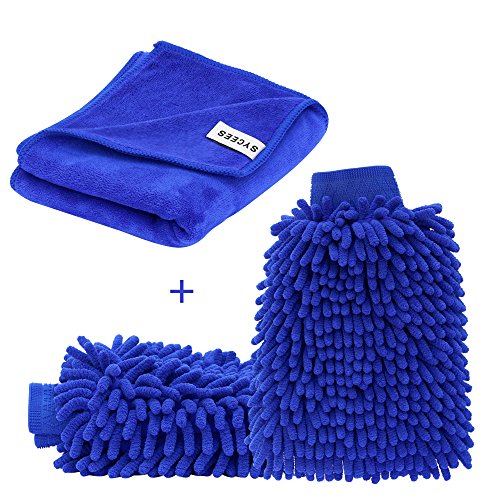 [Große Version Handtuch] SYCEES 2 Stücke Wasserdicht Mikrofaser Autowaschhandschuh und 1 Stück Microfasertuch Set, weicher Korallen Auto Chenille Waschhandschuh Handschuh mit Reinigungstuch Trokentuch Poliertuch für Autowäsche