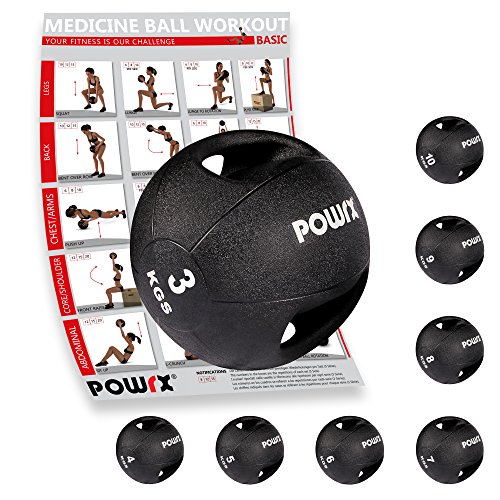 Medizinball mit Griffen Profi 3 - 10 kg von POWRX | schwarz Gewichtsball Studioqualität | schwarz (3 kg)