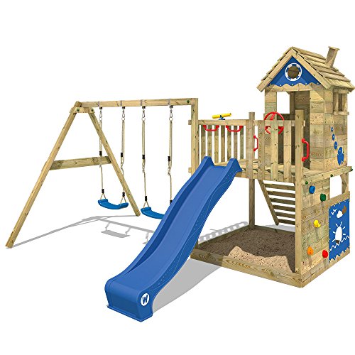WICKEY Spielturm Smart Lodge 120 Kletterturm Baumhaus Garten mit Spielhaus, Doppelschaukel, großem Sandkasten, Kletterwand, blaue Rutsche