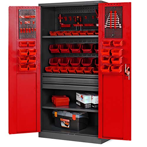 Werkzeugschrank TC02AM Werkstattschrank mit Schubladen Flügeltüren 3 Fachböden Pulverbeschichtung 185 cm x 92 cm x 50 cm (anthrazit-rot)