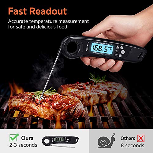 ESR7Gears Kochthermometer, Küchenthermometer, Haushaltsthermometer - Fleischthermometer mit schneller LCD-Anzeige, klappbarem Messfühler, Kalibrierungsfunktion für Küche, Grillen & Steak - Schwarz