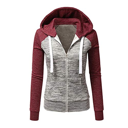 ORANDESIGNE Jacke Damen Sweatjacke Hoodie Sweatshirt Pullover Oberteile Kapuzenpullover V Ausschnitt Patchwork Pulli mit Kordel und Zip A Rot 40