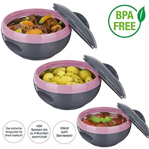 GOURMETmaxx Thermo-Schüsseln Metallic Design Thermobehälter mit Deckel Set 3-TLG. 600ml + 100ml + 1500ml (bis zu 4 Stunden Warm/Kühl), PU, grau/rosa
