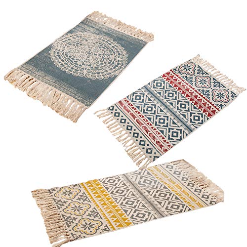 farmer-W Retro Dekorative Baumwollbereich Teppich, Handgewebte Maschinenwaschbare Flickenteppich Eingang Dünne Bodenmatte Teppich mit Quaste für Wohnzimmer Schlafzimmer