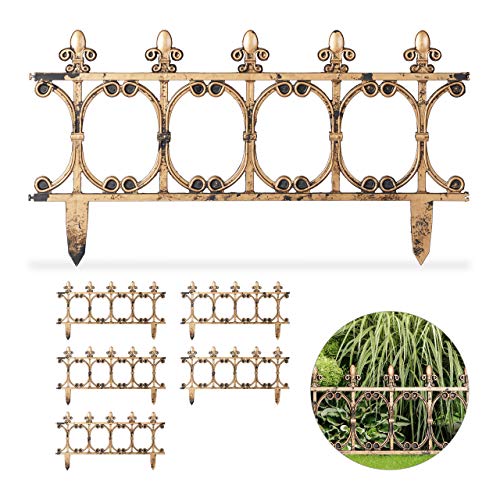 Relaxdays 6-teiliger Beetzaun antik, dekorativer Steckzaun für Garten, Vintage Design, Erdspieße, H: 24 cm, kupferoptik