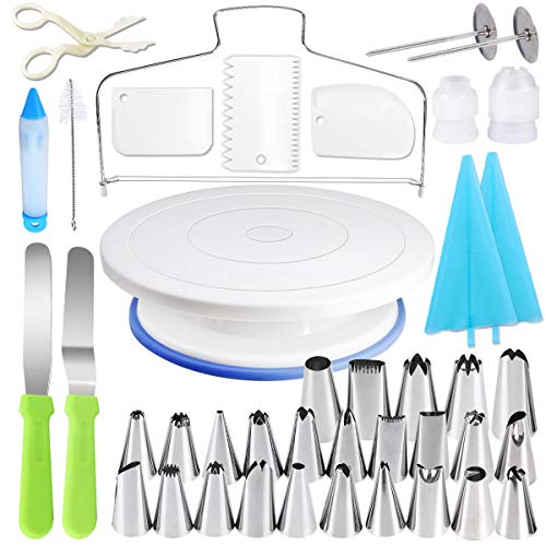 Gyvazla Tortenplatte Drehbar, Tortenständer Kuchen Drehteller mit 25 Stück Spritztüllen, 2 x Winkelpalette Set, 3 x Kuchenschaber,Tortenbodenteiler, Gebäckwerkzeug für Backen Gebäck, Zuckerguss