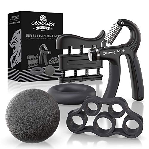 ALPHASKIN Handtrainer Fingertrainer [5er Set] - Verbessertes Konzept 2019 - Hand Unterarm Trainingsgerät Grip Griffkraft Trainer - Fingerhantel Training Unterarmtrainer für Fitness Krafttraining