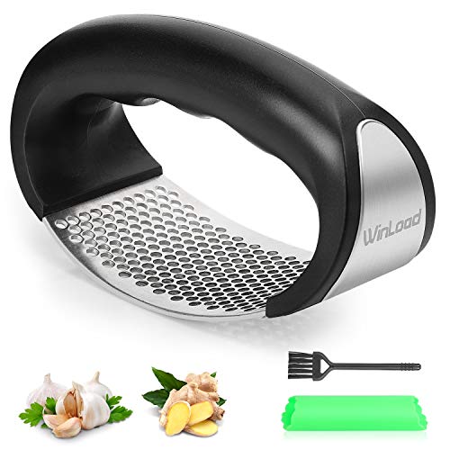Winload Knoblauchpresse Edelstahl Rostfrei 304, Knoblauchbrecher mit Silikon Knoblauchschäler und Reinigungsbürste, Ingwerpresse Spülmaschinenfest, Knoblauchschneider mit Ergonomischer Griff