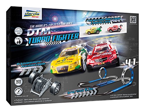 Darda 50244 - Darda Rennbahn DTM Turbo Fighter, Fahrbahnlänge ca. 5,3 m, mit 2 Loopings, 2 Kurven, 28 Elementen und 2 DTM Rennwagen, Rennauto Spielset für Kinder ab 5 Jahre, 4 Aufbauvarianten