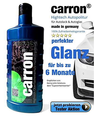 carron  Autopolitur Lotuseffekt Hochglanz Versiegelung Autolack & Autoglas gegen Microkratzer. Eine Lackversiegelung der Extraklasse für Auto und Motorrad, nicht einfach nur eine Politur. Jetzt Aktion: mit Microfaser-Poliertuch gratis dabei. 500 ml Flasche. Hightech Produkt made in Germany. Jetzt zum sehr günstigen AKTIONSPREIS testen mit 100% Geld-Zurück-Garantie wenn Sie nicht zufrieden sind!
