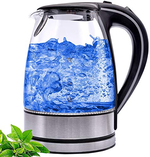 Wasserkocher Edelstahl Glas | 1,7 Liter | 2000W | Blaue LED Innen-Beleuchtung | 360 Grad | Kalkfilter, BPA frei | Kettle | Wasseraufbereiter | Teekocher | Wasserkessel | Glaswasserkocher |