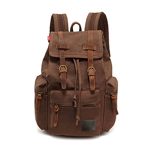 Retro Segeltuch Rucksack Canvas Vintage Rucksack Echtleder Laptop Daypack Schulrucksack Reisetasche Lederrucksack Wasserdicht Dauerhaft Schulterpackung für Herren Damen Jungen Mädchen