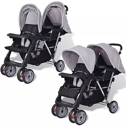 Kombikinderwagen Geschwisterwagen, klappbar Geschwisterkinderwagen Zwillingswagen Kinderwagen Buggy Zwillingsbuggy aus Stahl + Oxfordgewebe für 1-2 Kinder bis zu je 15kg - Grau und Schwarz