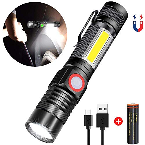 Taschenlampe, Magnet Arbeitsleuchte Wiederaufladbar (18650 Batterie Inklusive) 4 Modi Zoombar Wasserdicht COB USB Taschenlampen AOMEES