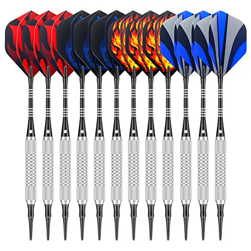 Sametop Dartpfeile mit Kunststoffspitze 12 Stück Darts Soft Dartpfeile 16 Gramm Pfeile Set mit 5 Style Dart Flights, Aluminium Shafts, Silber Steel Barrels, 100 Electronic Dart Spitzen und Darts Tool