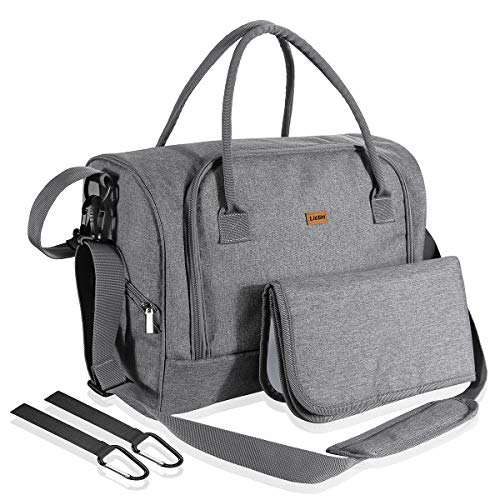 Lictin Wickeltasche Wasserdicht mit Wickelunterlage Kinderwagen Befestigung Schultergurt Verstellbar Große Kapazität Wickeltasche Grau