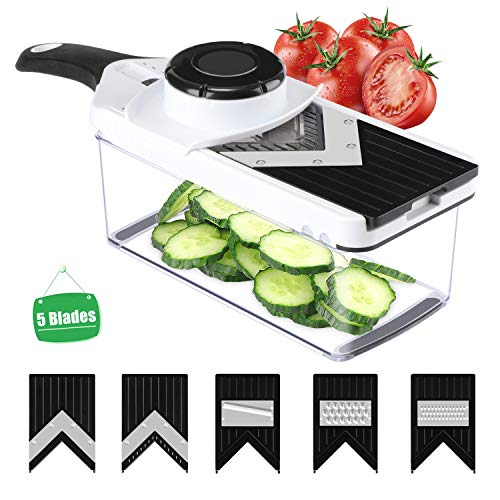 TOROTON 5 in1 Gemüseschneider, Mandoline Verstellbar Gemüsehobel, Gurkenhobel, Julienneschneider, Scheiben, Streifen, Reiben