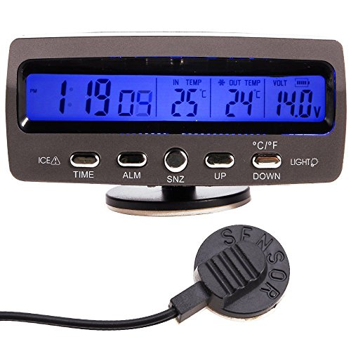 WINGONEER LCD Auto Digital Innen Außen Thermometer Spannungstester Voltmeter Spannungsmesser KFZ PKW Datum Uhr Alarm