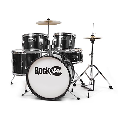 RockJam RJ-105B kompletter 5-Teile Junior Schlagzeug-Satz mit Becken (Trommelstecken, einstellbarer Thron, Zubehör) schwarz