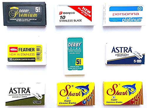 60 Rasierklingen für Rasierhobel, Astra-Derby-Feather-Dorco-Shark-Personna-Shark, Rasierklingen Set, 9 verschiedene Klingentypen