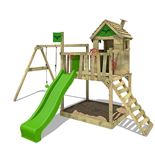 FATMOOSE Stelzenhaus RockyRanch Roll XXL Kletterturm für Kinder Spielturm mit Rutsche, Schaukel, großem Sandkasten und Spielhaus auf Podest