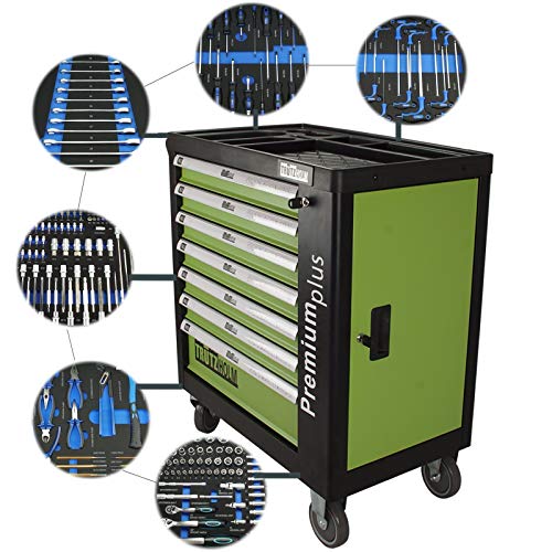 TrutzHolm Werkstattwagen Premium XXL bestückt Profi-Werkzeug aus Chrom-Vanadium 7 Schubladen und ein Seitenfach gefüllt Assistent Werkzeugwagen