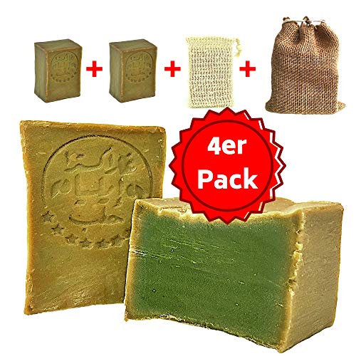 Aleppo Seife Set 2x ca. 200 gr. 60% Olivenöl, 40% Lorbeeröl + Sisal Seifensäckchen + Seifenbeutel, Haarseife, Rasierseife, geeignet für unreine Haut,Ohne Zusatz von Chemie,Handarbeit nach altem Rezept