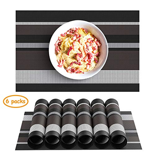 Chefic Platzsets 6er Set, Elegante PVC Tischsets Abwischbar 45x30cm rutschfest Platzdeckchen, Premium Hitzebeständig und Abgrifffeste Tischmatte Abwaschbar für Küche Speisetisch - Schwarz&Braun